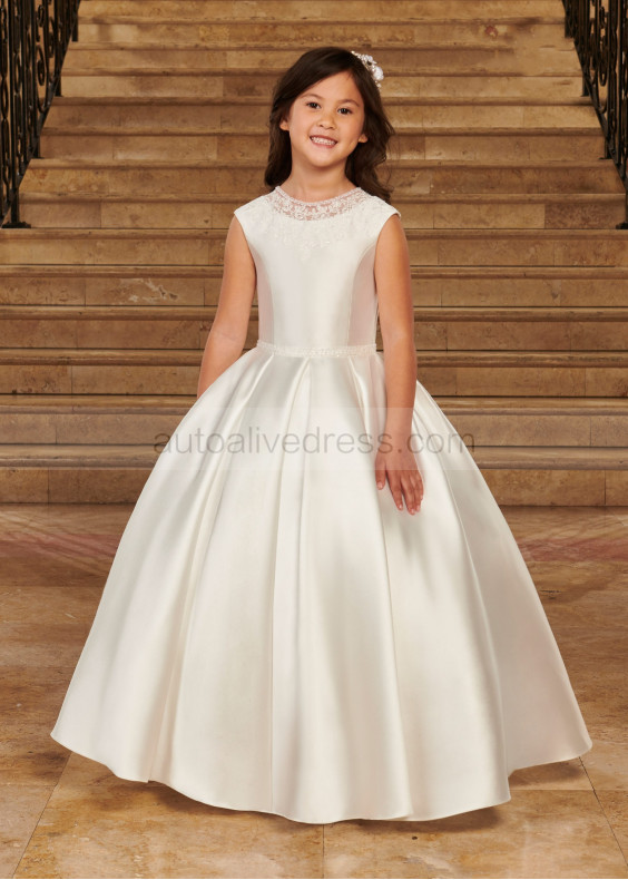 Beaded Neck Ivory Lace Box Pleated Satin Flower Girl Dress